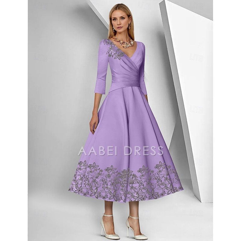 AABEI DRESS Wedding Guest Dress A-Line V Neck 3/4 Length Sleeve Ankle Length Tea Length Lace Ruched Sequin Elegant Simple Mother of the Bride Dress