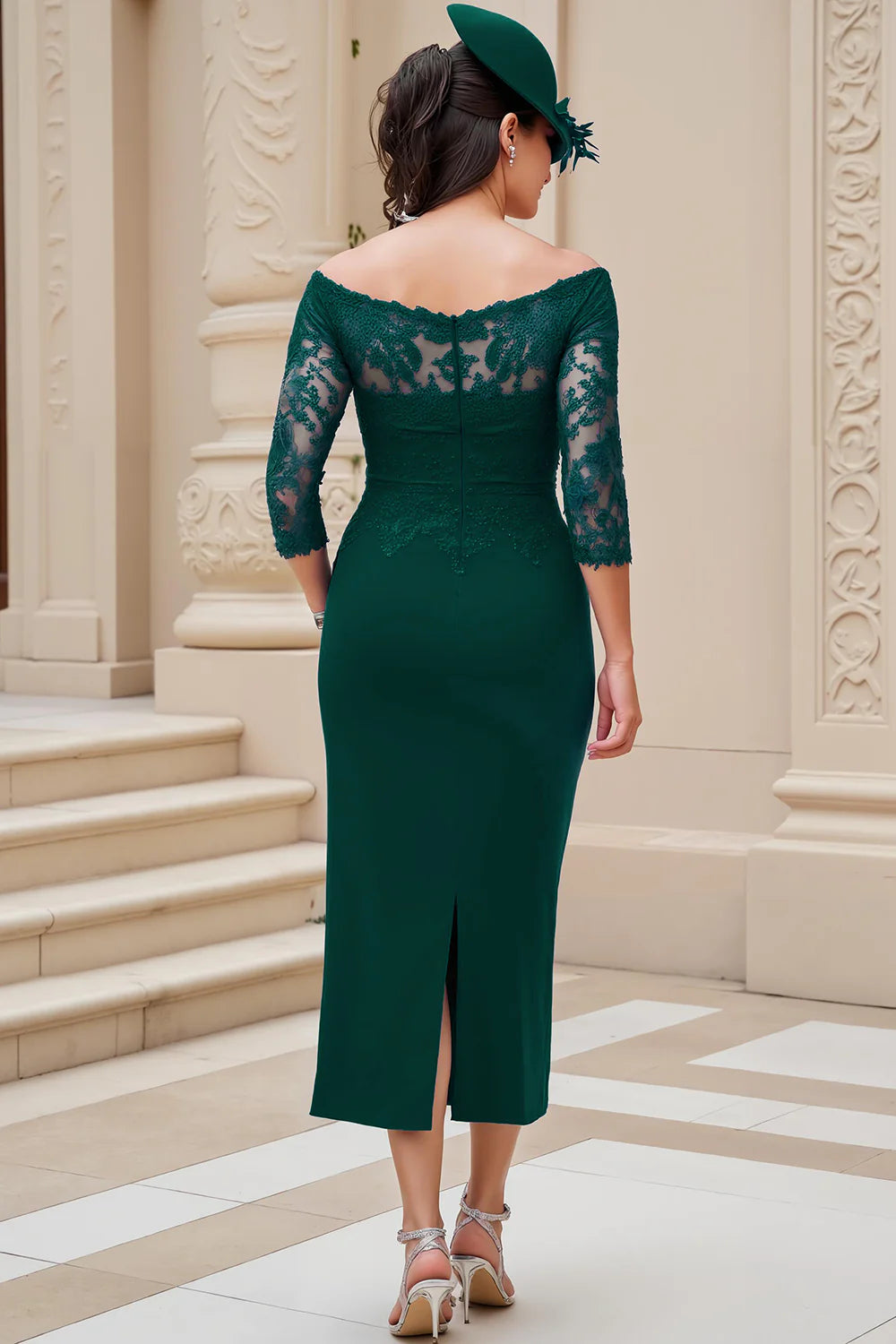 Elegant Dark Green Sheath Off The Shoulder 3/4 Long Sleeve Pleated Waist with Slit Long Wedding Guest Dress For Women Hot Sale Mother of the Bride Dress