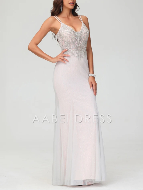 AABEI DRESS Charming V-Neck Spaghetti Straps Bodycon Glitter Backless Tulle Floor-Length Fashion Evening Dress
