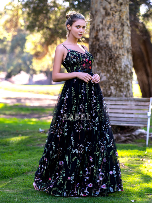 Evening Dress V-neck Spaghetti Straps Applique Tulle Floor Length Sweet Prom Dress Elegant Fantastic Formal Women's Dresses