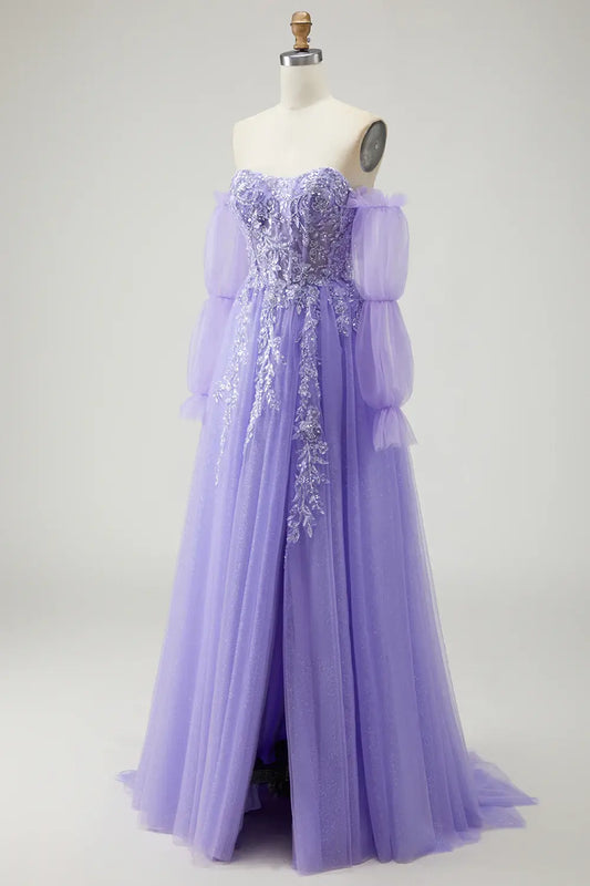 Gorgeous Prom Dress Sparkly Purple Sequin Floral A-Line Strapless with Detachable Sleeves Backless Side Fork Ruched Bargain Long Wedding Guest Dress
