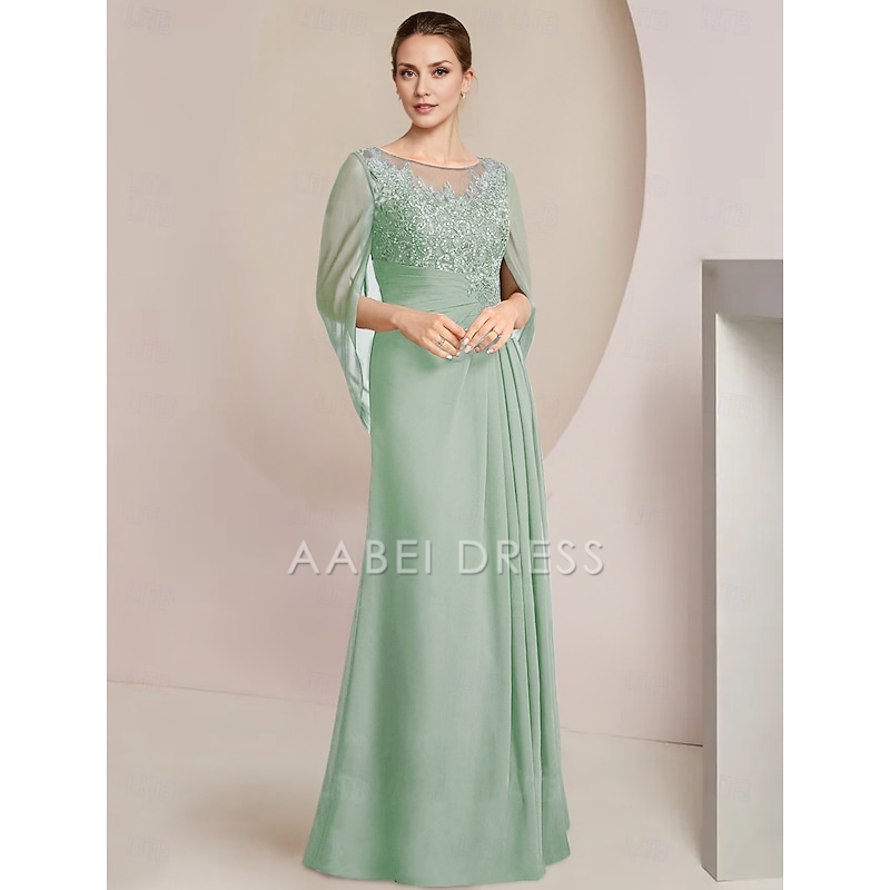 AABEI DRESS Wedding Guest Dress Elegant Sheath Jewel Neck Floor Length Chiffon Half Sleeve with Lace Side-Draped Mother of the Bride Dress