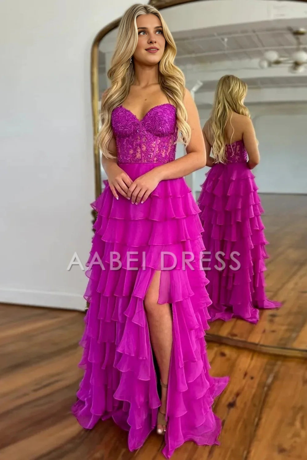 AABEI DRESS Prom Dress Elegant A-Line Sweetheart Lace And Chiffon Layering With Slit Long Exquisite Formal Dress