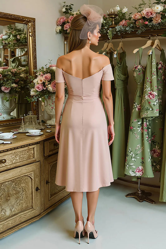Dusty Rose Satin Sheath Sweetheart Neckline Off the Shoulder Short Sleeve Backless Pleated Wedding Guest Dress For Women New Style Mother of the Bride Dress