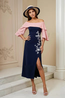 Pink and Navy Satin Sheath Off The Shoulder Flutter Sleeves Embroidered Flowers with Slit Retro Midi Wedding Guest Dress Hot Sale Mother of the Bride Dresses