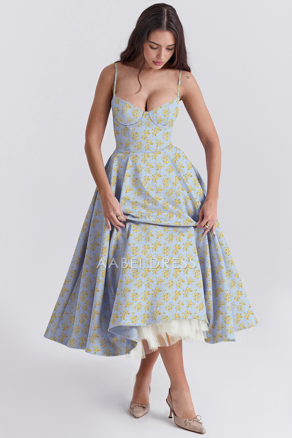 AABEI DRESS Elegant Flower Strap Princess Dresses Sexy Low Cut Backless Double Layer Hem Party Dress