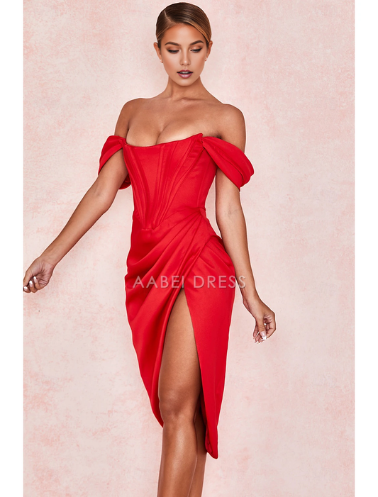 AABEI DRESS New Homecoming Dress Sheath Cocktail Elegant Holiday Sleeveless Off Shoulder Pleats Slit Dress Masquerade Dress Charming Short Prom Dresse