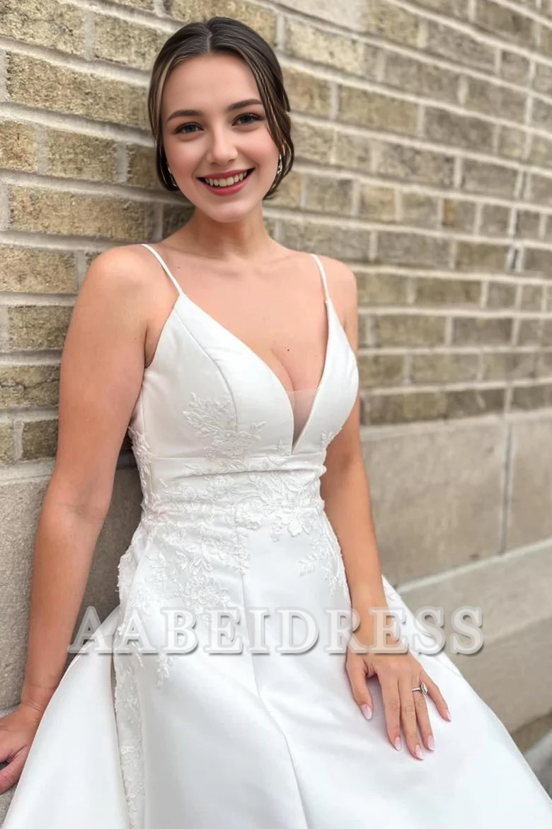 AABEI DRESS Elegant Charming Wedding Dress A-Line Deep V-Neck Spaghetti Strap Long Appliques Formal Dresses