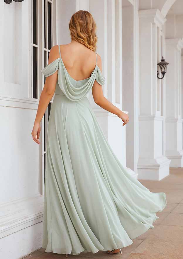Fashion Chiffon A-line Off-the-Shoulder V Neck Sleeveless With Ruched Affordable Floor-Length Bridesmaid Dress