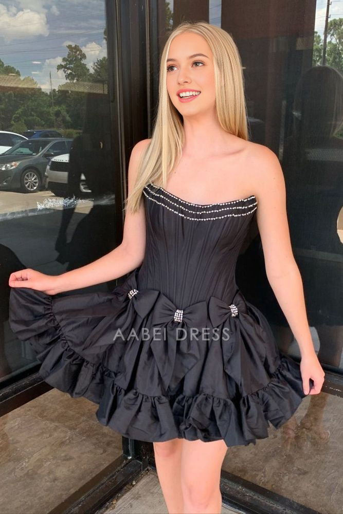 AABEI DRESS New Homecoming Dress Cute Satin A-Line Bateau Strapless Beaded With Bows Fashion Short Prom Dresse