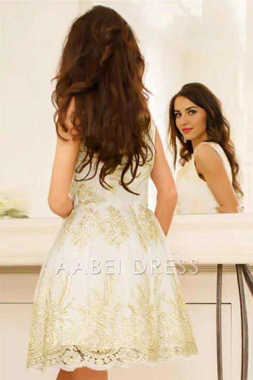 AABEI DRESS New Homecoming Dress A-Line Cute V-Neck Sleeveless Tulle Exquisite Appliques Short Prom Dress