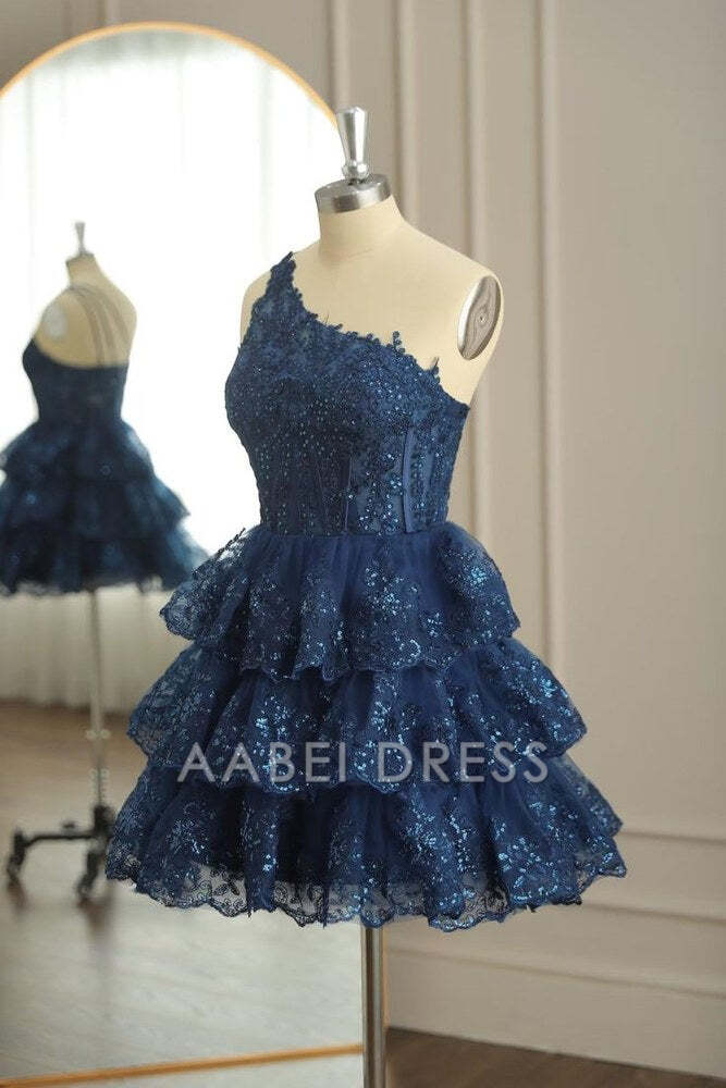 AABEI DRESS New Homecoming Dress Exquisite A Line One Shoulder Appliques Multi-Layers Sparkle Short Prom Dresse