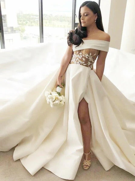 Wedding Dresses A Line Off The Shoulder Satin Up Court Train with Appliques
