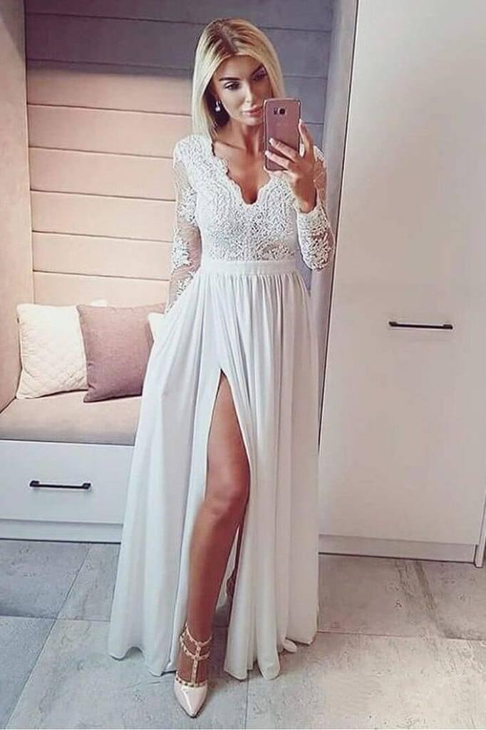 Prom Dresses A line Long Sleeve V Neck Slit Long Evening Dresses