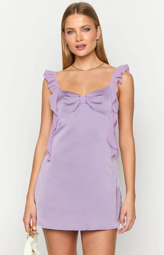 A-line Sweetheart-neck Bow-front Ruffle-strap Satin Mini Homecoming Dresses