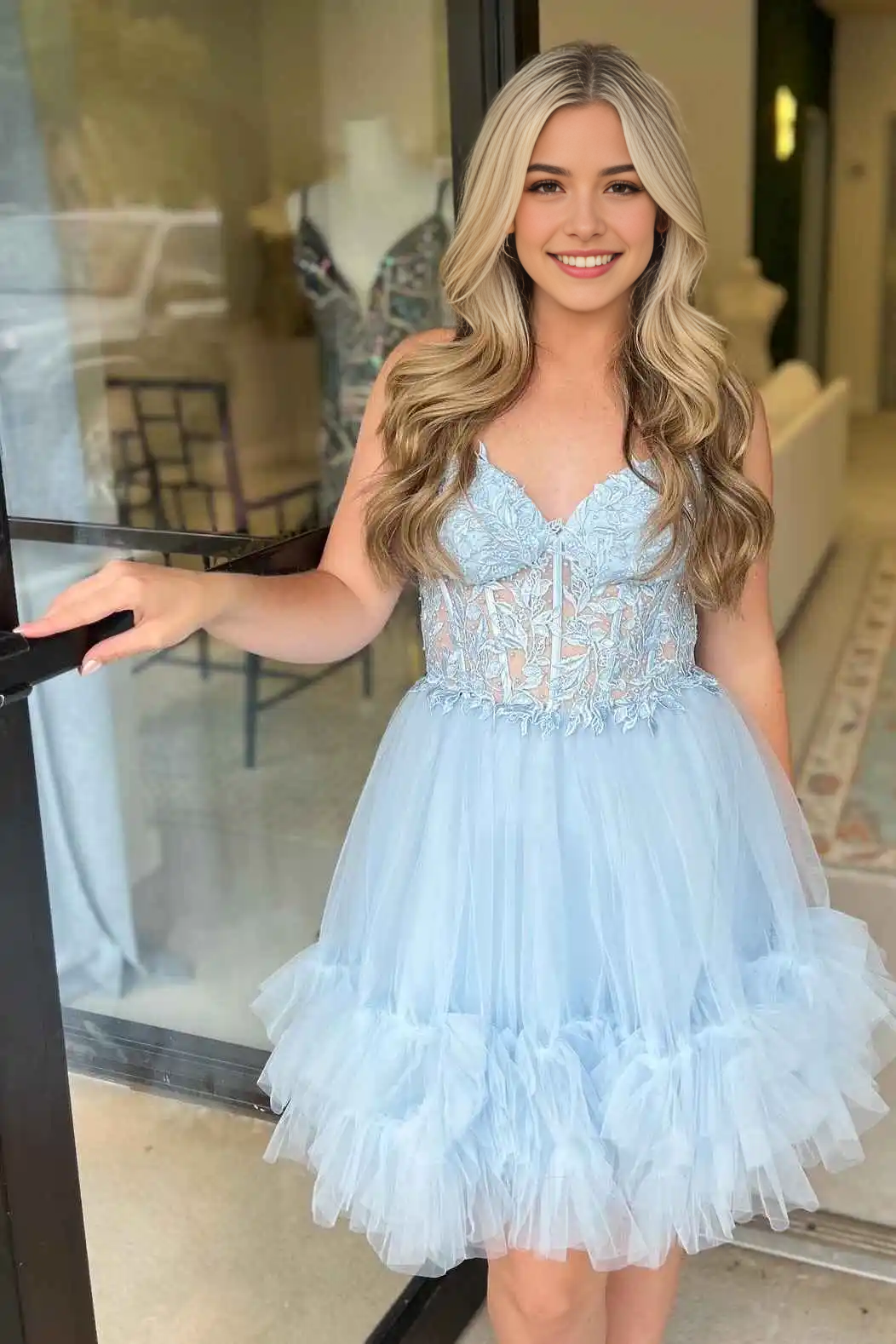 AABEI DRESS A-Line Off Shoulder Sweetheart Sheer Corset Ruffle with Appliques Lace-Up Backless Cute Charming Hot Sale Short Homecoming Dress