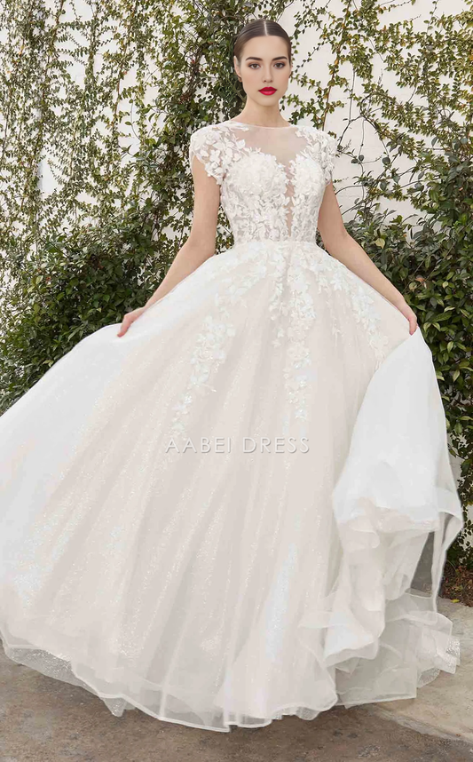 AABEI DRESS A-line Corset High Neckline with Cap Sleeves Backless Lace Applique Exquisite Elegant Wedding Dress