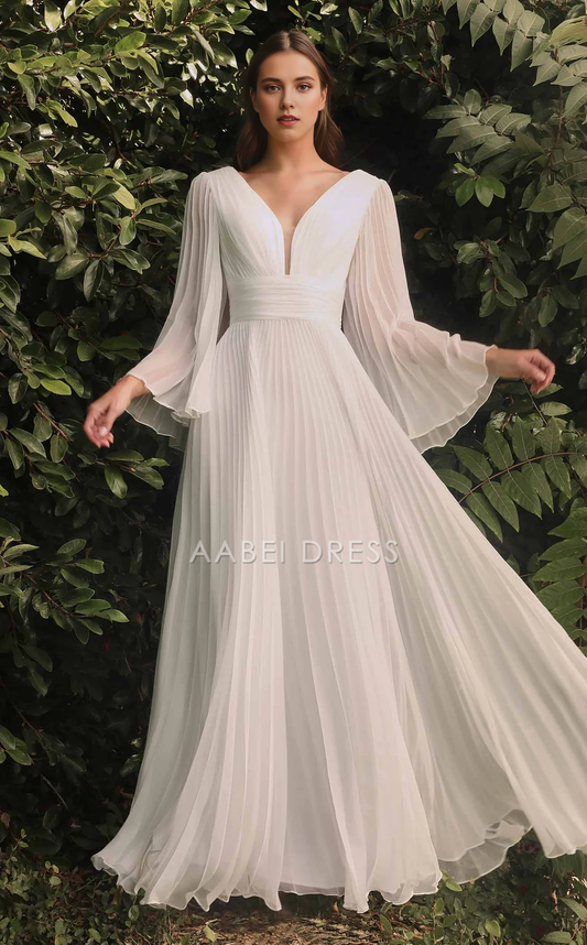 AABEI DRESS A Line Deep V Neck Angel Sleeves Pleated Exquisite Fashion Wedding Dress