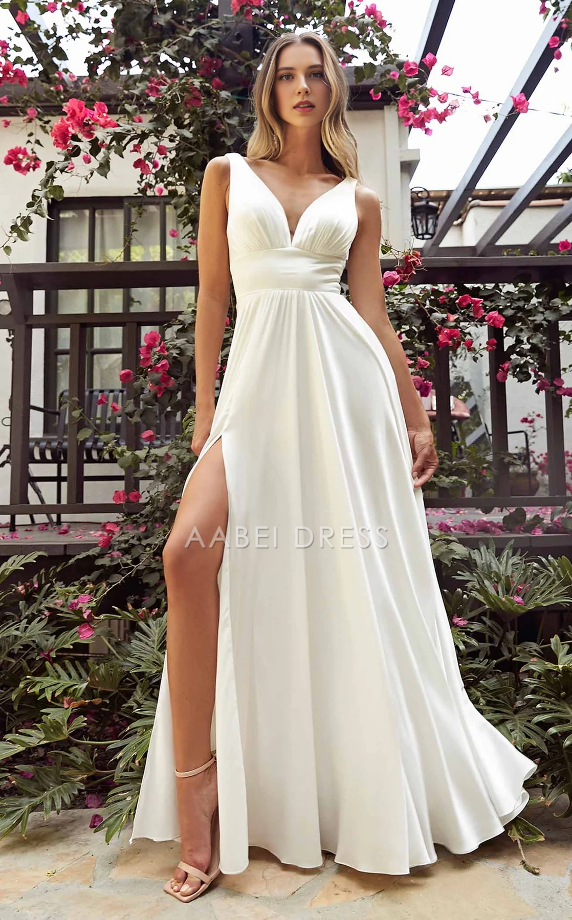 AABEI DRESS A Line Deep V Neck Sleeveless Ruched Side Fork Backless Elegant Fashion Wedding Dress