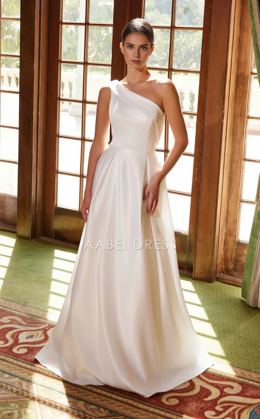 AABEI DRESS A Line One-Shoulder Pleated Elegant Simple Wedding Dress