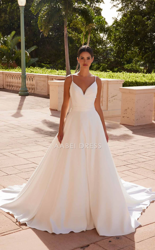 AABEI DRESS A Line Spaghetti Strap V Neck Backless Elegant Dignified Wedding Dress