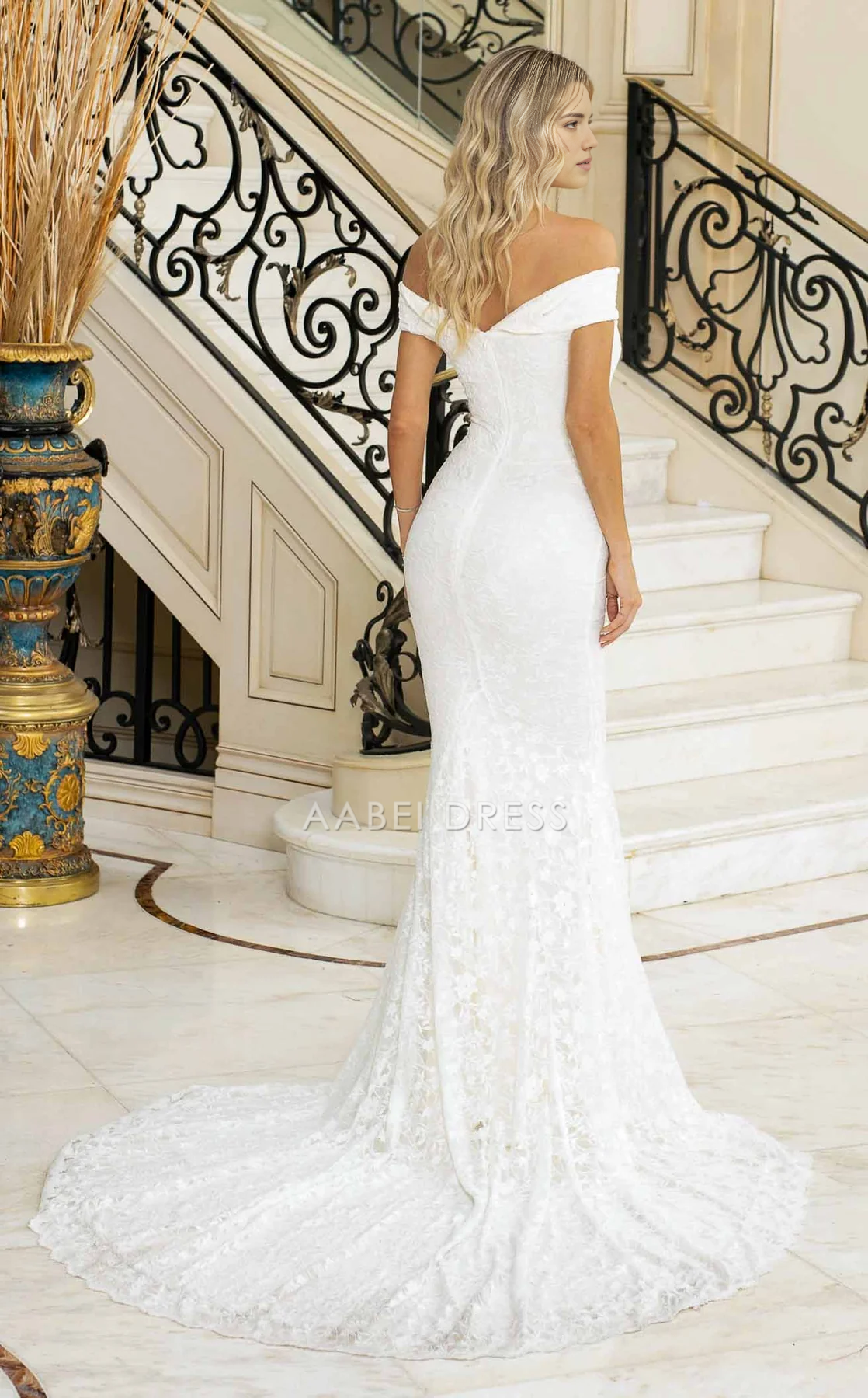 AABEI DRESS Charming Mermaid Off Shoulder Bateau Backless Sweep Train Exquisite Lace Wedding Dress