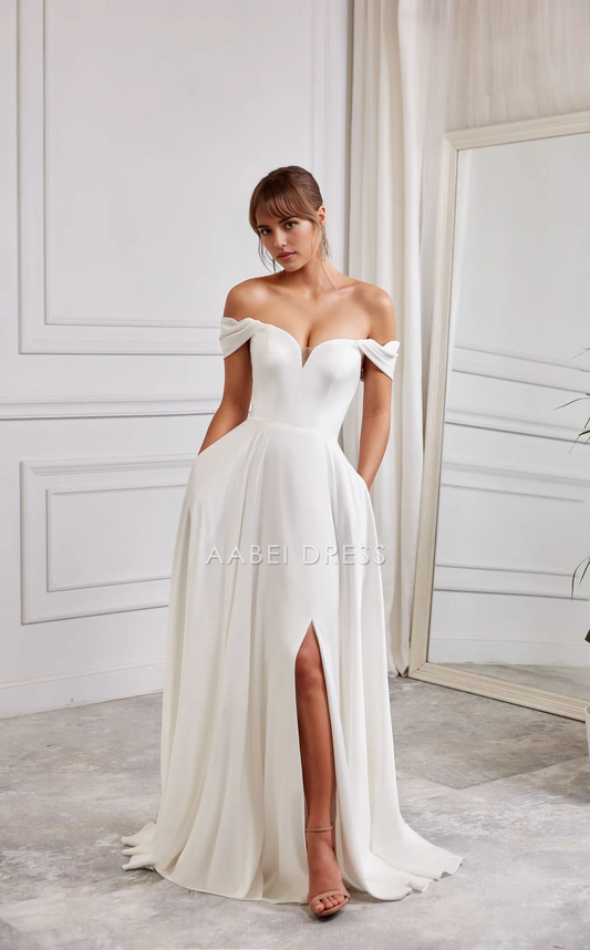 AABEI DRESS Elegant A Line Off-shoulder Sweetheart Mesh Neckline Side Fork Plunging Fit-and-Flare Wedding Dress