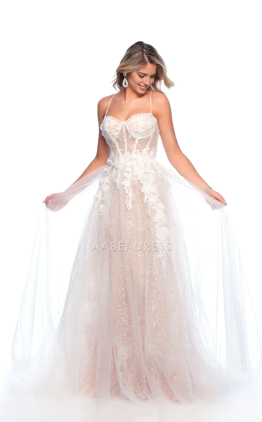 AABEI DRESS Exquisite A Line Spaghetti Strap Sweetheart Neckline Backless 3D Flower Floor-Length Fantastic Wedding Dress
