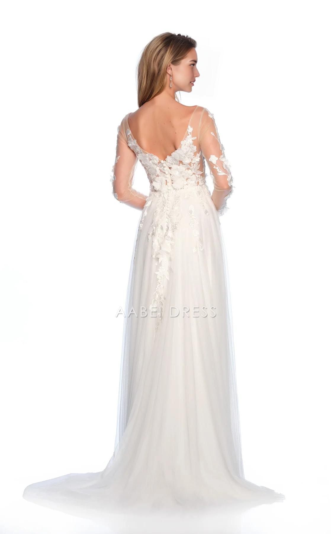 AABEI DRESS Exquisite A Line V Neck Long Sleeves 3D Flower Side Fork Floor-length Charming Wedding Dress