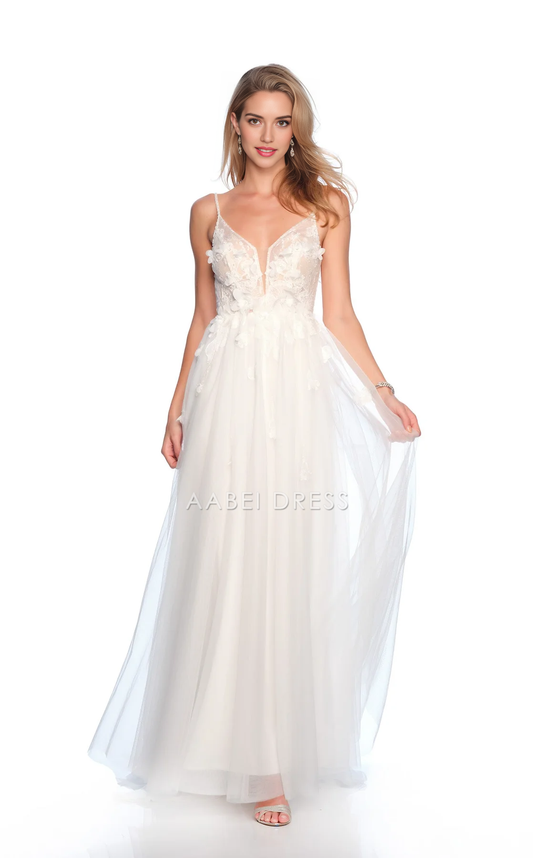 AABEI DRESS Exquisite A Line V Neck Spaghetti Strap 3D Flower Backless Floor-length Lovely Fantastic Wedding Dress