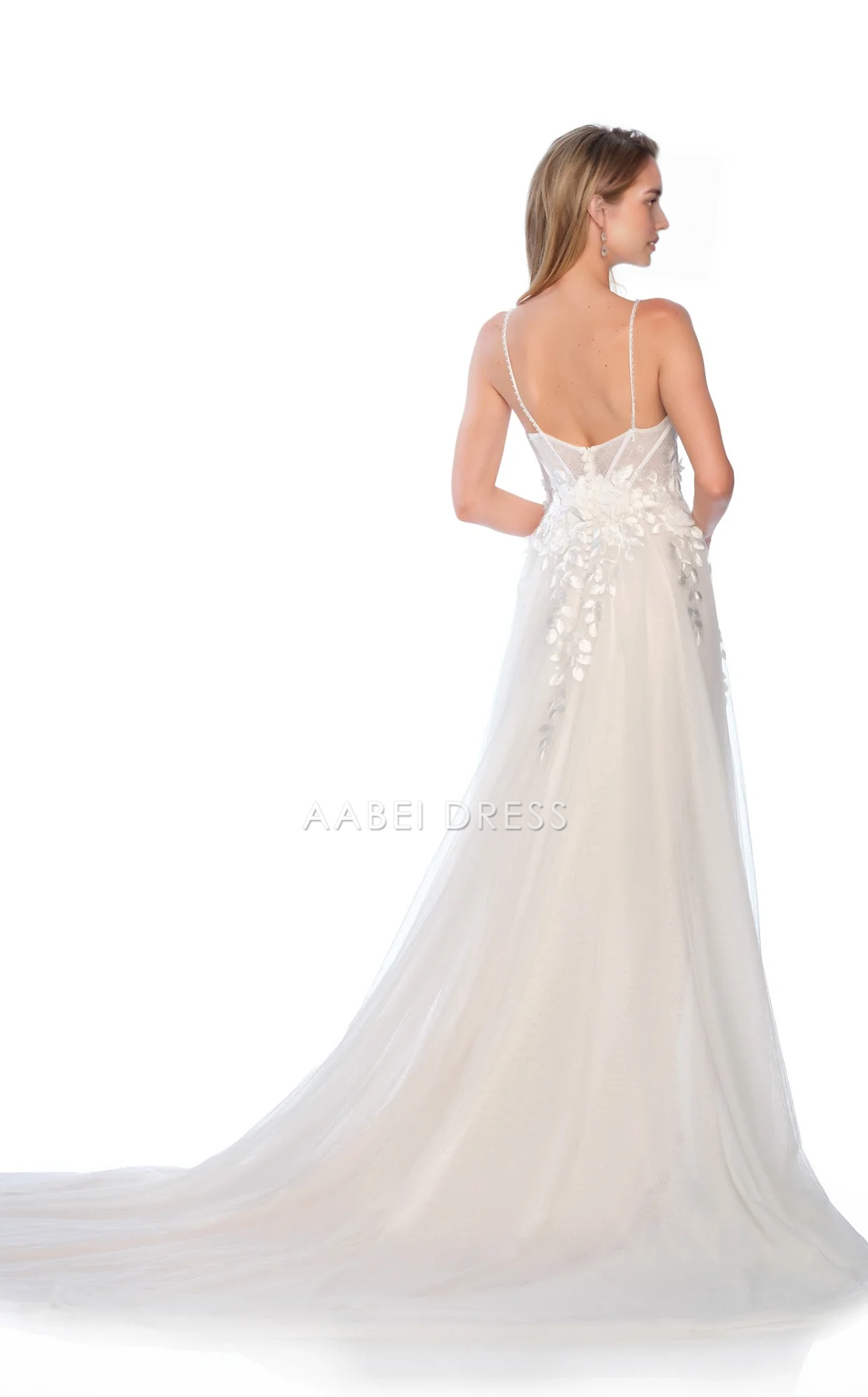 AABEI DRESS Exquisite A Line V Neck Spaghetti Strap Flower Backless Floor-length Fantastic Wedding Dress
