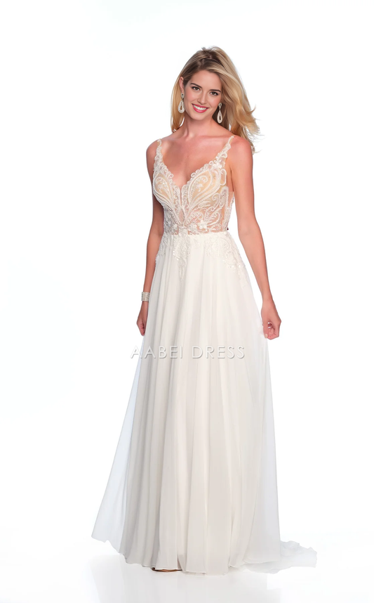 AABEI DRESS Exquisite A Line V Neck Spaghetti Strap Sleeveless Backless Lace Floor-length Charming Wedding Dress
