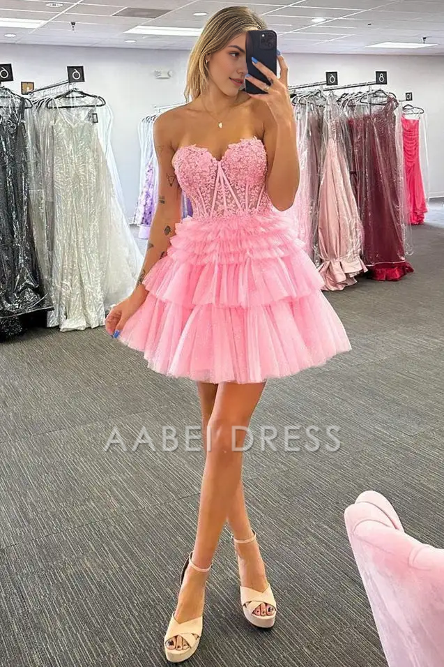 AABEI DRESS Fashion A-Line Strapless Sweetheart Neckline Appliques Layers Ruched Backless Exquisite Hot Sale Short Homecoming Dress
