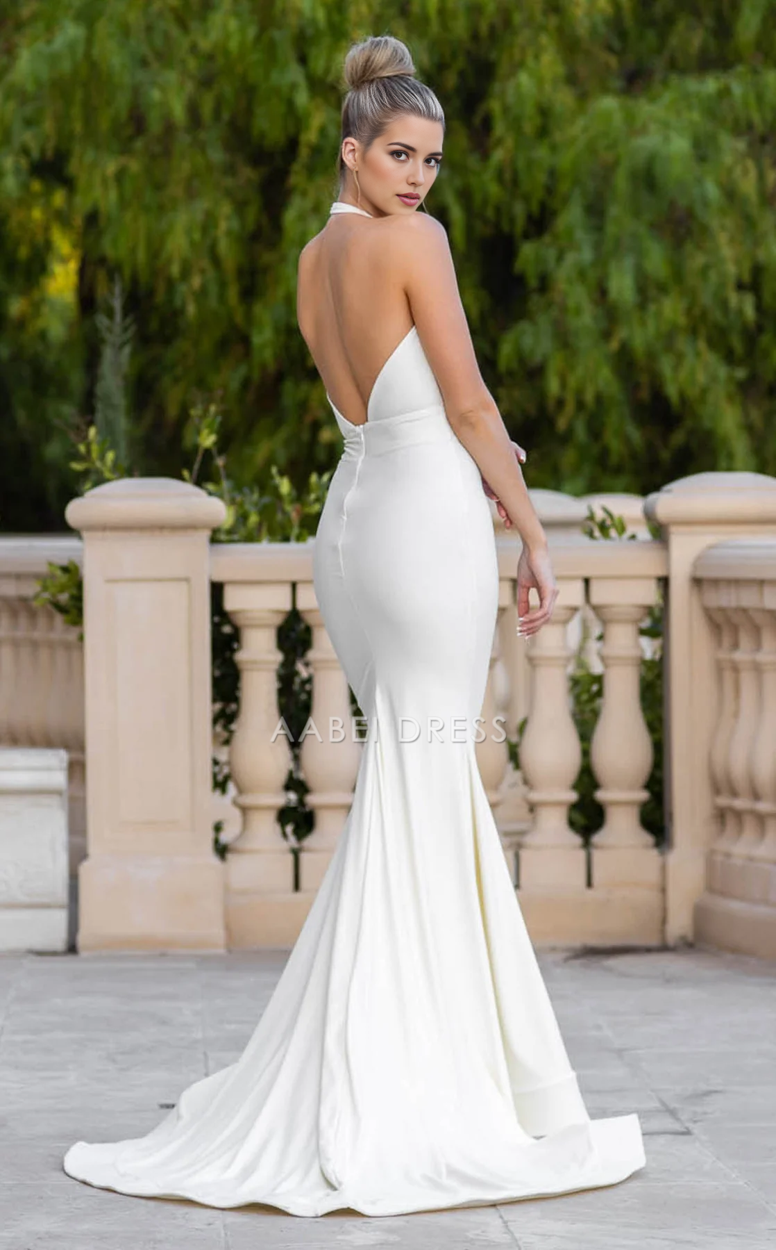 AABEI DRESS Fashion Mermaid Sleeveless Halter Deep V Neck Backless Sweep Train Elegant Simple Wedding Dress