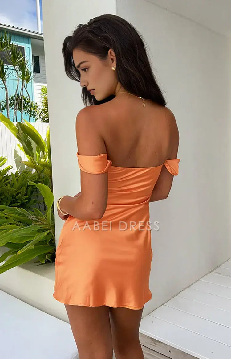 AABEI DRESS For Women Mini Dress Orange Sheath Off Shoulder Pleated Backless Simple Dress Affordable Hot Sale Homecoming Dress