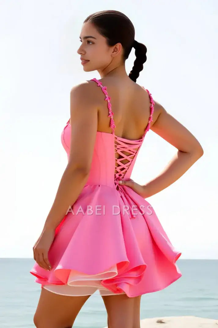 AABEI DRESS For Women Short Prom Dress A-Line Low-Cut Neck Spaghetti Strap Ruched Mini Dress Cute Hot Sale Homecoming Dress