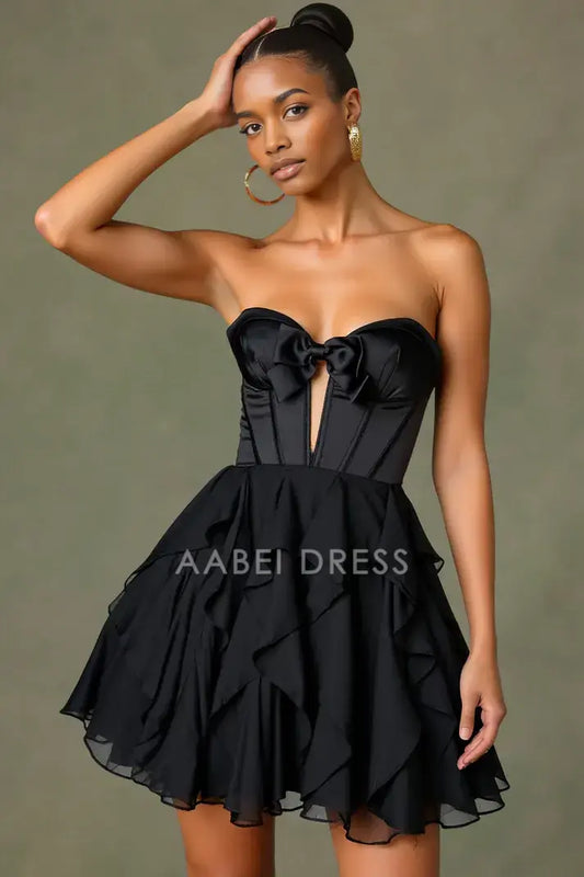 AABEI DRESS For Women Short Prom Dress Black A-Line Strapless Bowknot Sweetheart Neckline Keyhole Tiers Ruffles Hot Sale Homecoming Dress