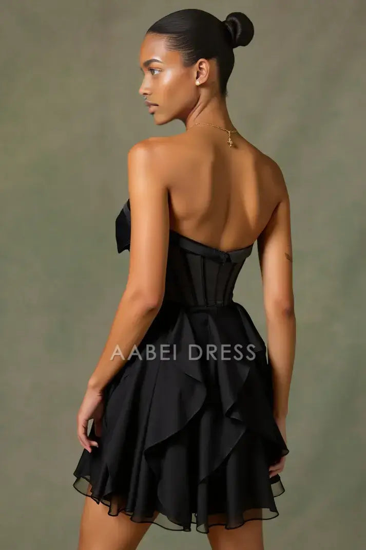 AABEI DRESS For Women Short Prom Dress Black A-Line Strapless Bowknot Sweetheart Neckline Keyhole Tiers Ruffles Hot Sale Homecoming Dress