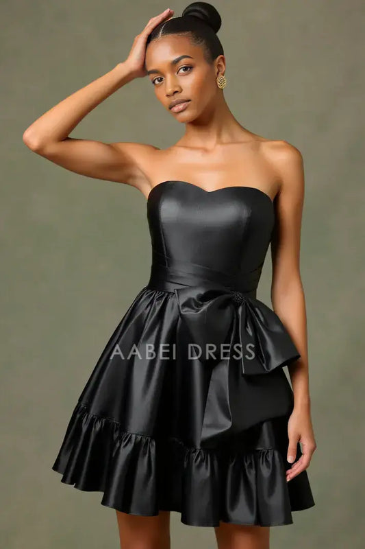AABEI DRESS For Women Short Prom Dress Black A-Line Strapless Sweetheart Neckline With Bowknot Backless Ruched Charming Hot Sale Homecoming Dress