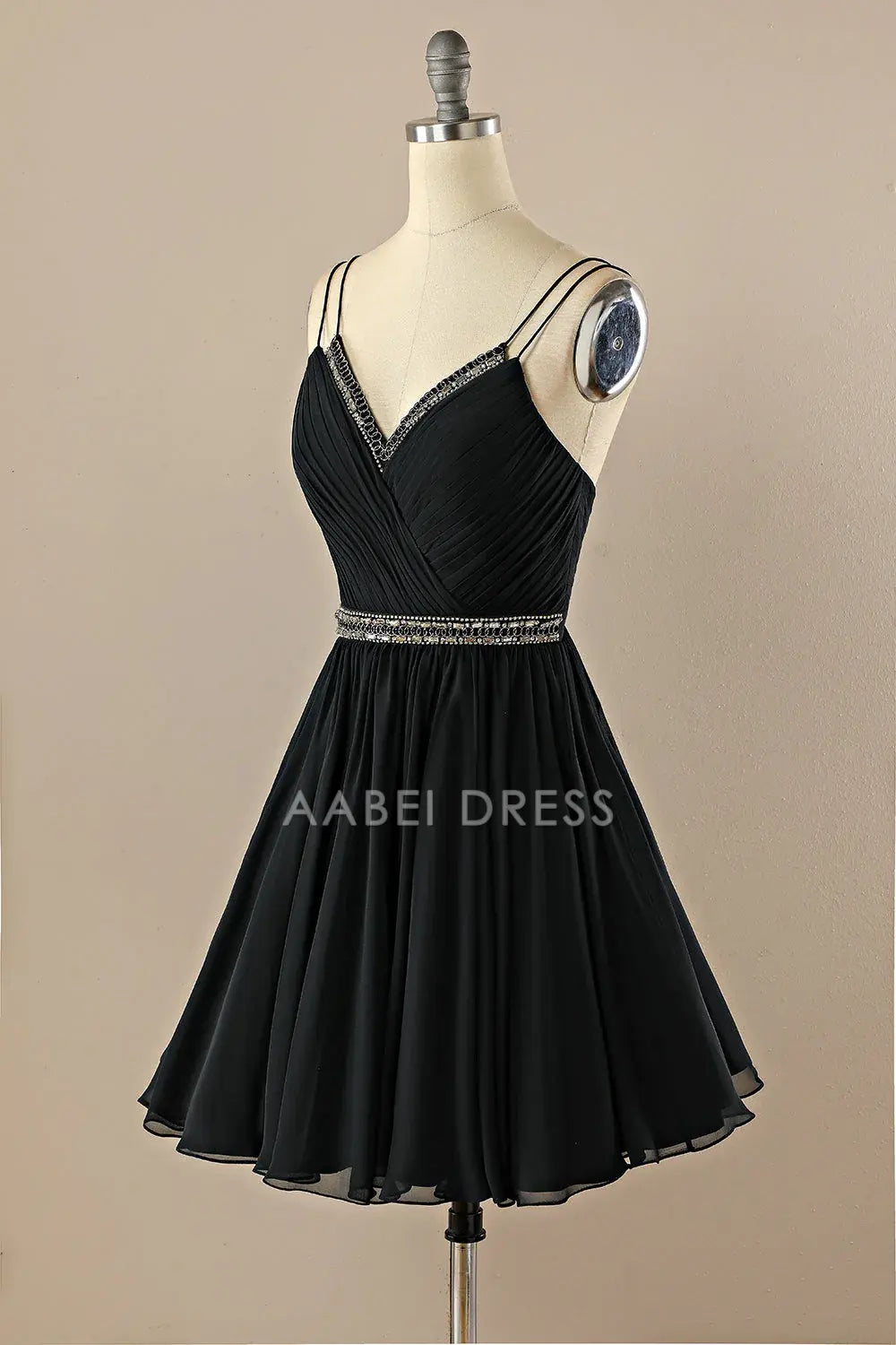 AABEI DRESS For Women Short Prom Dress Black A-Line V Neck Double Spaghetti Straps Backless With Bead String Ruched Charming Dress Affordable Hot Sale Homecoming Dress