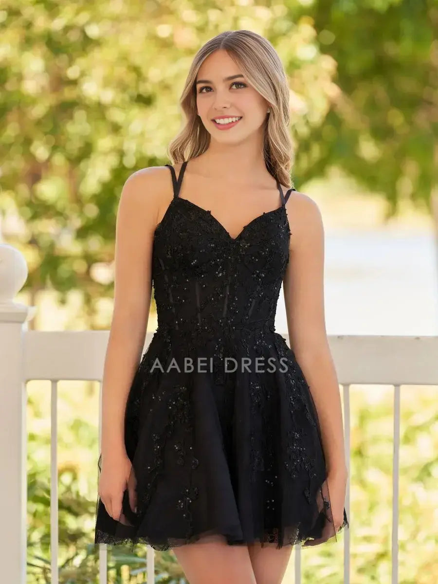 AABEI DRESS For Women Short Prom Dress Black A-Line V Neck Spaghetti-Straps Lace Applique Backless Exquisite Hot Sale Homecoming Dress
