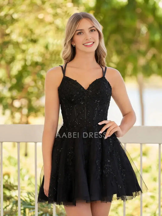 AABEI DRESS For Women Short Prom Dress Black A-Line V Neck Spaghetti-Straps Lace Applique Backless Exquisite Hot Sale Homecoming Dress