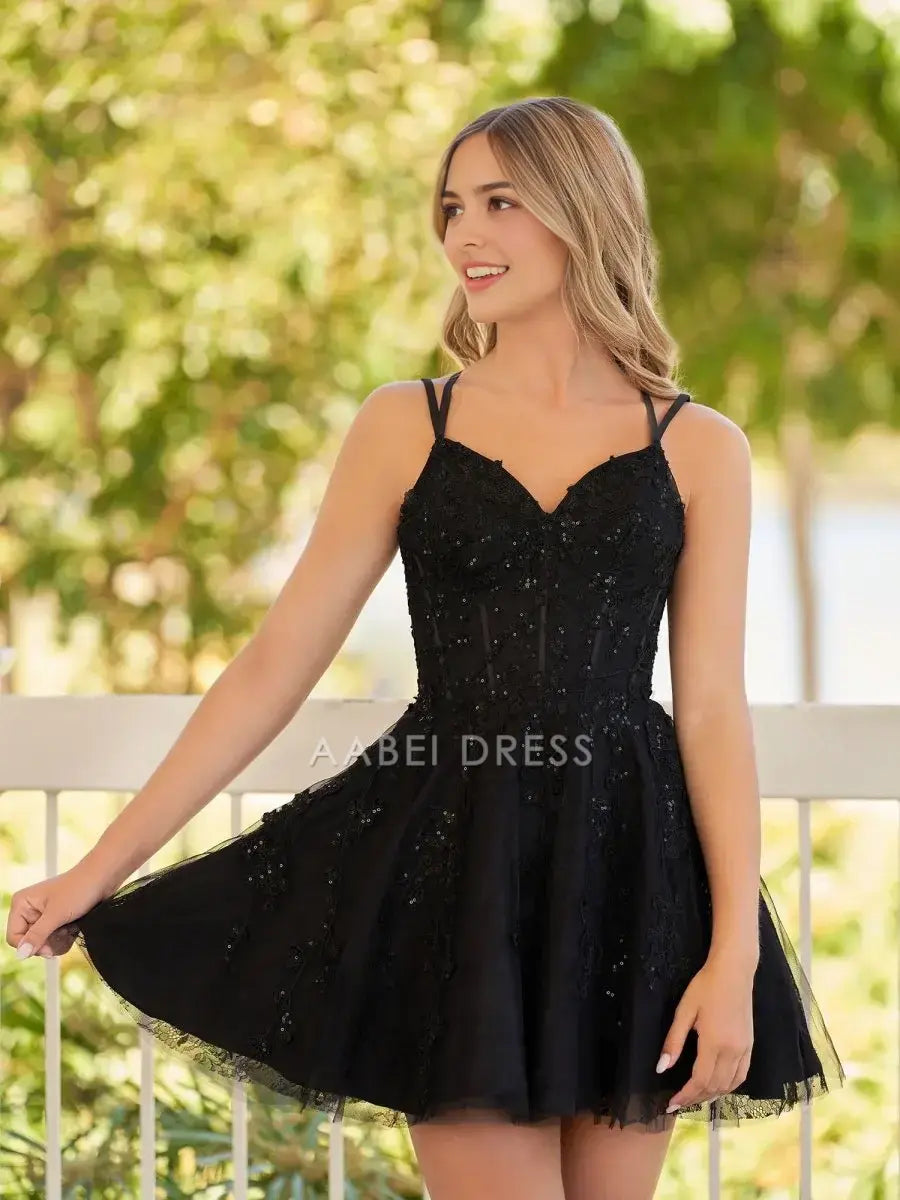 AABEI DRESS For Women Short Prom Dress Black A-Line V Neck Spaghetti-Straps Lace Applique Backless Exquisite Hot Sale Homecoming Dress
