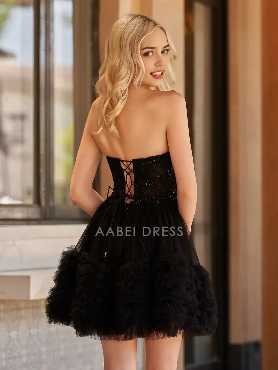 AABEI DRESS For Women Short Prom Dress Black A Line Strapless Sweetheart Neckline layered Ruffles Backless Elegant Affordable Hot Sale Homecoming Dress