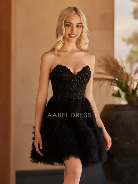 AABEI DRESS For Women Short Prom Dress Black A Line Strapless Sweetheart Neckline layered Ruffles Backless Elegant Affordable Hot Sale Homecoming Dress