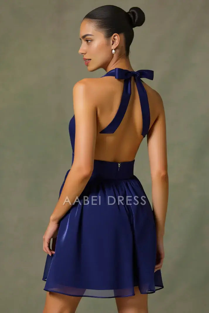 AABEI DRESS For Women Short Prom Dress Charming A-Line Halter Deep V Neck With Bowknot Backless Sexy Hot Sale Homecoming Dress