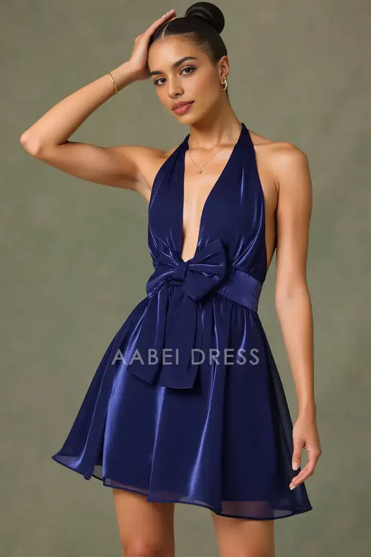AABEI DRESS For Women Short Prom Dress Charming A-Line Halter Deep V Neck With Bowknot Backless Sexy Hot Sale Homecoming Dress