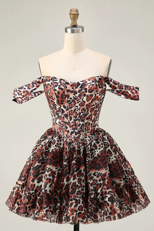 AABEI DRESS For Women Short Prom Dress Cheetah Print A Line Corset Off The Shoulder Backless Ruched Sexy Dress Affordable Hot Sale Homecoming Dress