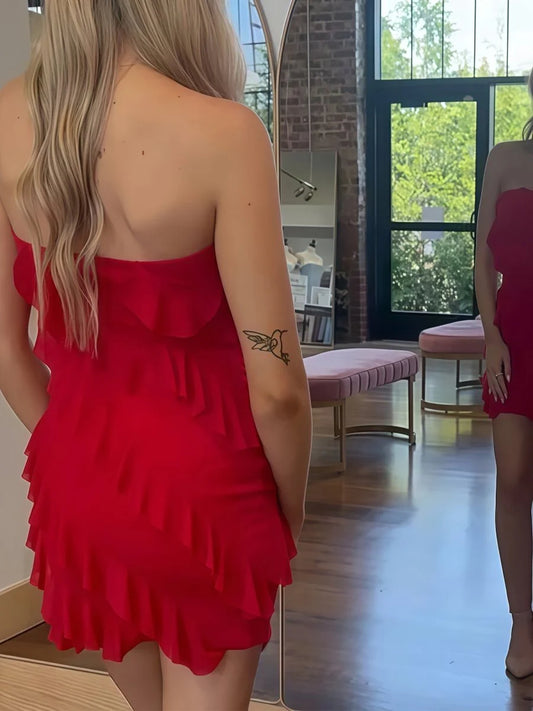 AABEI DRESS For Women Short Prom Dress Chic Red Sheath Strapless layered Ruffled Charming Mini Dress Affordable Hot Sale Homecoming Dress