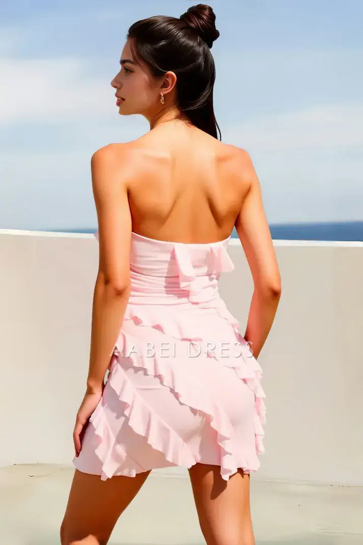 AABEI DRESS For Women Short Prom Dress Chic Sheath Strapless Tiers Ruffles Fashion Hot Sale Homecoming Dress